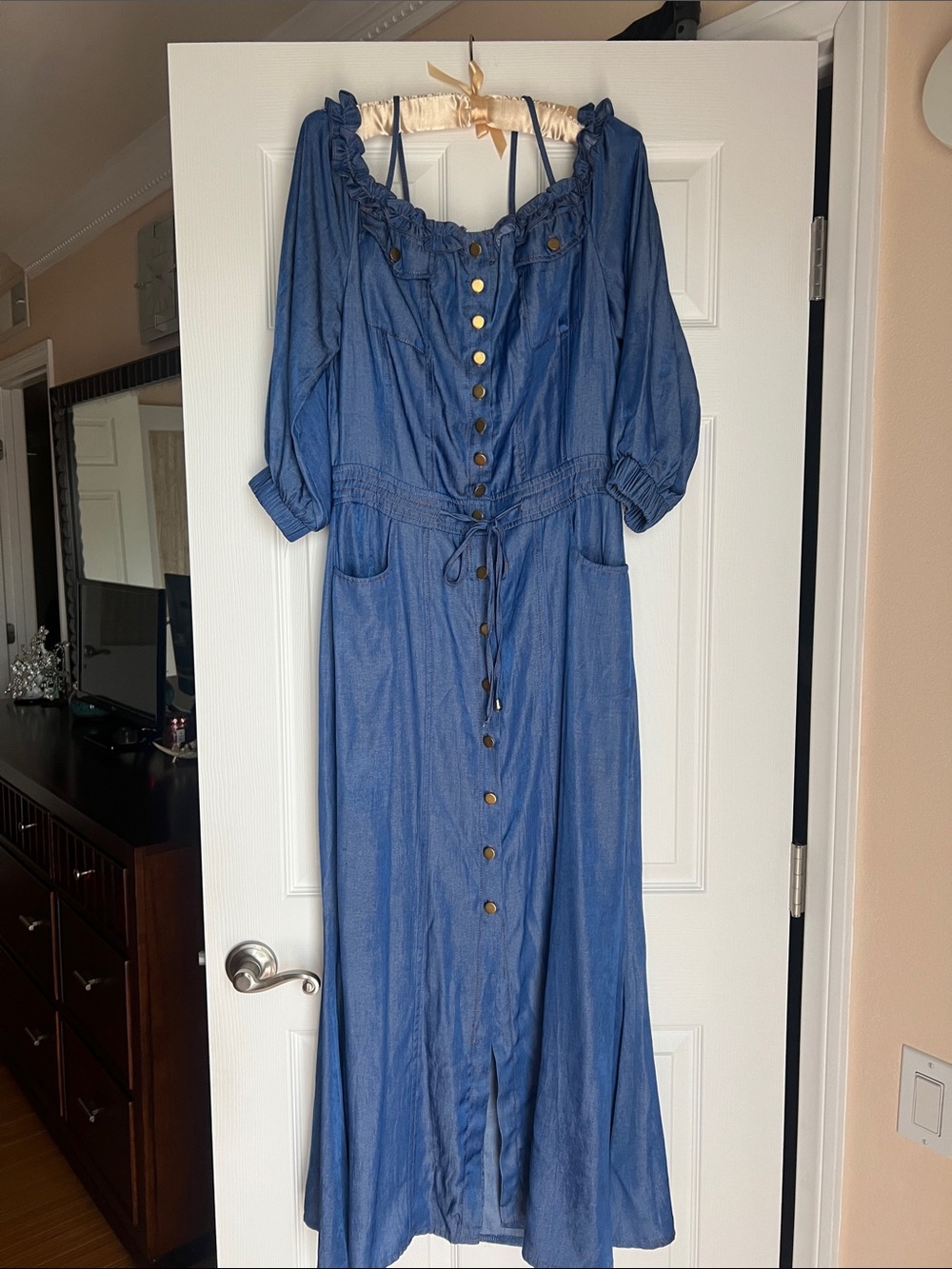 Blue Off-Shoulder Button-Front Maxi Dress with Ties